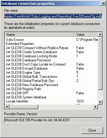 TrendWorX Logger Configurator Selecting Connection Properties from the File menu opens the Database Connection Properties dialog box, shown below, which lists the initialization properties for the