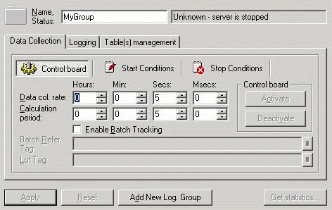 Introduction Logging Group Properties Data Collection Tab The Data Collection tab in the Logging Group dialog box, shown below, allows you to define the Control Board, the Start Conditions, and the