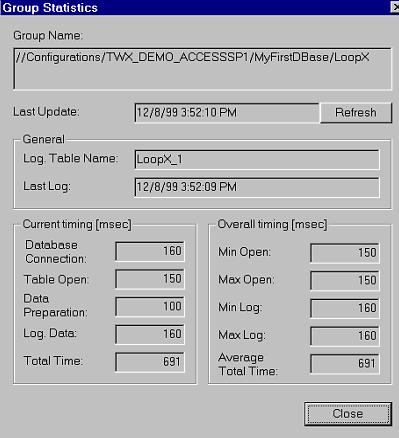 TrendWorX Logger Configurator Current timing. This section shows the time: To get a database connection. For a table to open. For data preparation. To log data.