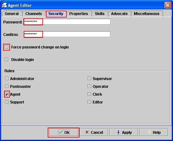 Select the Security tab and enter the desired password into the Password and Confirm fields.