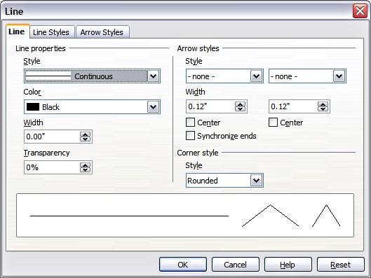 Formatting lines Figure 5: Main line formatting dialog The Arrow styles section of this page is only applicable to line segments; it has no effect on the line that forms the border of a shape or of a