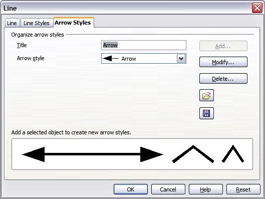 Formatting lines Creating arrow styles Use the third page of the Line dialog to create new arrow styles, modify existing arrow styles, or load previously saved arrow styles.