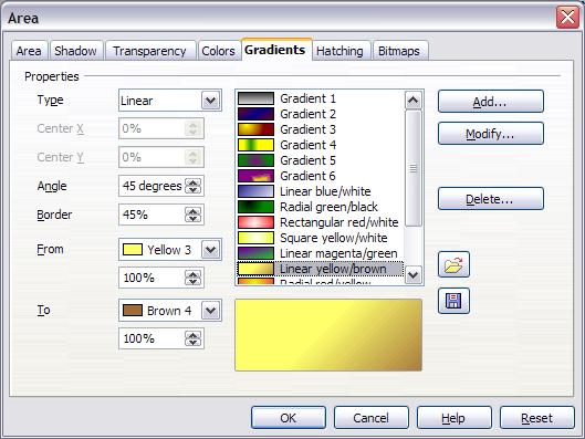 Formatting areas Creating gradients To create a new gradient or to modify an existing one, select the Gradients page from the Area dialog (shown in Figure 11).