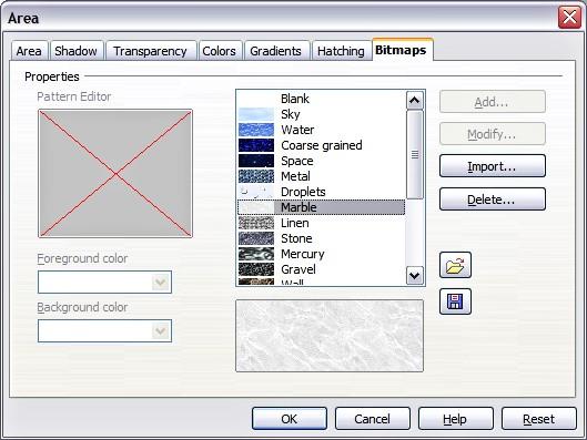 Formatting areas Creating and importing bitmaps As for the other types of fill, OOo comes with a number of predefined bitmaps, but you can also add (import) new ones or to create your own pattern on