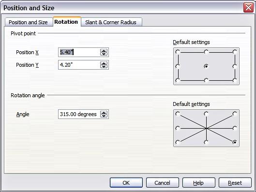 Moving, resizing and rotating a graphic object Figure 4: The Rotation page of the Position and Size dialog In the top part of the dialog, select the position of the pivot point relative to the top