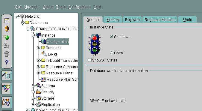 SHUTDOWN Options (continued) Using Oracle Enterprise Manager to Shut Down a Database From the OEM Console: 1. Navigate to Instance > Configuration. 2. Highlight Configuration.