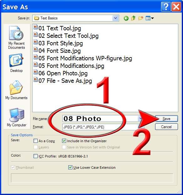 The first thing is select File > Save As and in Save As window (Figure 2): Name the file. In this case, I named it 08 Photo due to its place in the lesson.