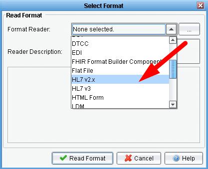 When the Select Format dialogue appears, scroll down and select the HL7 v2.x format reader from the drop down.