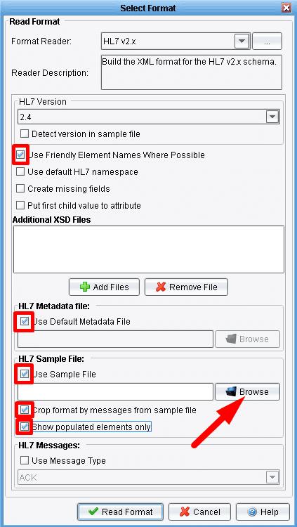 Check the boxes for Use Friendly Element Names Where Possible, Use Default Metadata File, Use Sample File, Crop format by messages from sample file and Show populated