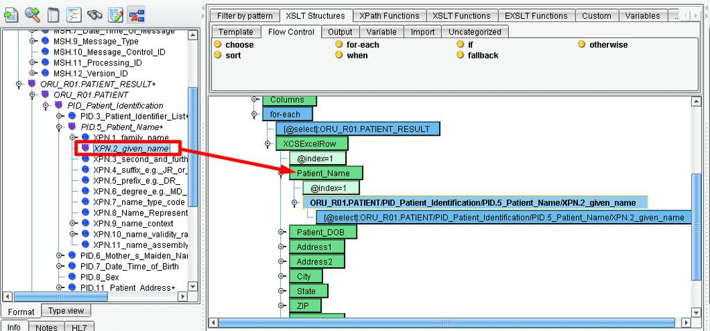 Drag the XPN.2_given_name onto the Patient_Name node in the center panel.