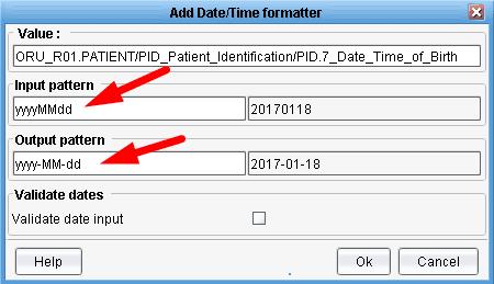 The formatter dialogue opens. The Add Date/Time formatter dialogue is where we can add our expected input pattern yyyymmdd and our desired output pattern yyyy-mm-dd.