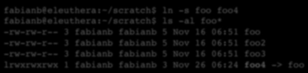 The file system interface directories Deleting directories rmdir() Hard links back to the unlink idea Making links fabianb@eleuthera:~/scratch$ ln foo foo2 fabianb@eleuthera:~/scratch$ cat foo2 Hola