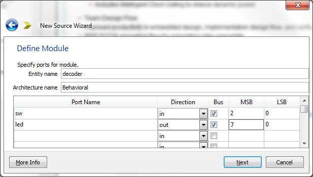 Click Next, and add sw and led port names, select