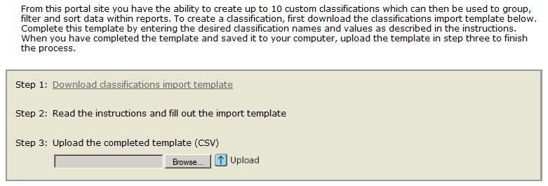 Once the classifications import template is saved to your computer use the Browse button in Step 3 to locate the file and upload.