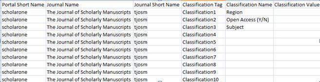 The names of classifications uploaded to the portal will be pre-populated with 10 rows for each journal under the portal, one row for each possible classification.