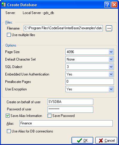 Using IBConsole to set up and perform encryption Figure 13.1Enabling EUA and encryption 6 Type in an Alias, and click OK to create the database.