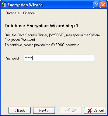 Using IBConsole to set up and perform encryption Figure 13.3Step 1: Enter the SYSDSO password 5 On Encryption Wizard, Step 2, shown in Figure 13.