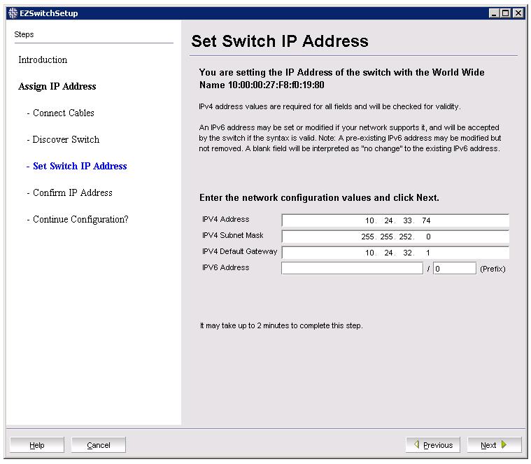 8. Enter the required information on the Set Switch IP Address window.