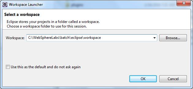 It will then ask you for the location of the "Workspace": Provide the value C:\WebSphereLabs\batch\eclipse\workspace and click "OK".