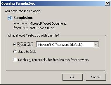 A box will pop up and ask you if you would like to open the file, or if you would like to save it to a disk: To open the file, select Open With, and then click the OK button, and the program that