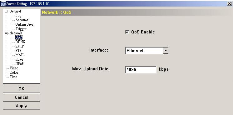 Check QoS Enable, and set the max. upload rate from 256 to 10240 kbps. 4.2.2 SNTP SNTP (Simple Network Time Protocol) is used to synchronize your camera time with the networked computer systems.