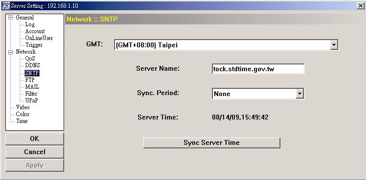 Period Sync Server Time Description Once users choose the time zone, the network camera will adjust the local area time of the system automatically.