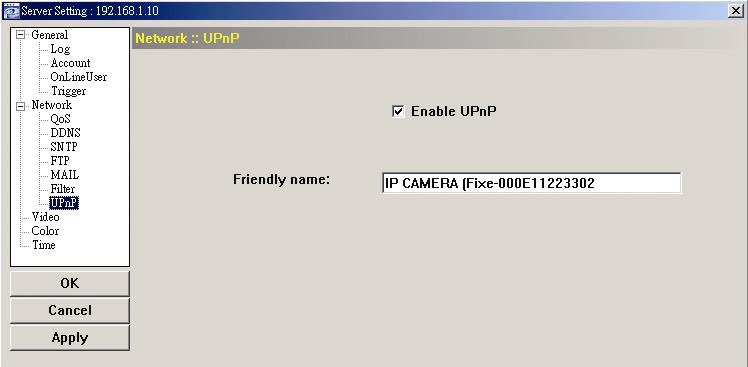 When this function is activated, the other PC within the same domain as this camera will be able to search this camera in Network Neighbor with the identification name set in Friendly name.