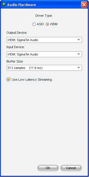 e., your computer s built-in sound card or an installed ASIO compatible audio interface) is selected in the Output Device and Input Device pull-down menus. Click OK.