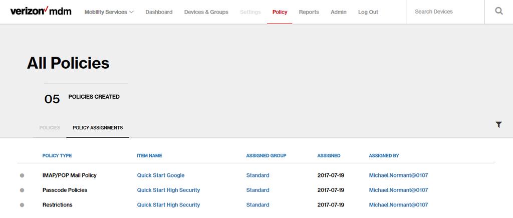 After a policy has been created it can be assigned to a group or groups through the Edit Policy page of each group (see above).