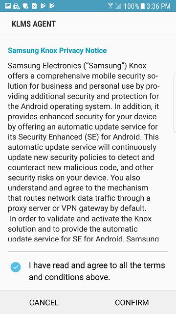 Accept Phone Administrator and/or Samsung KNOX Security