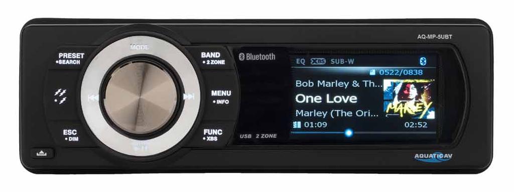 AQ-MP-5UBT Our patented flagship model AQ-MP-5UBT is the perfect marine stereo, packed with features including 3" color screen with album artwork and song/playlist data, Bluetooth, USB connectivity