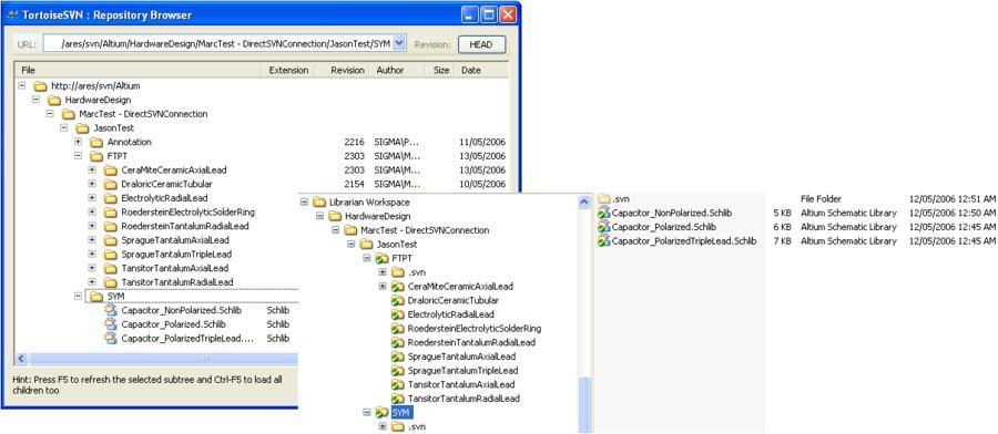 Figure 12. Checkout of repository folders and files to the Librarian's local workspace.