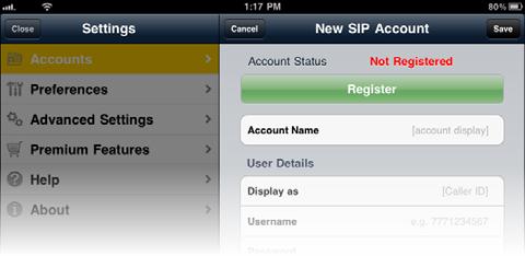 Setting up Multiple Accounts You can set up more than one account if you have service from more than one VoIP service provider. Tap the Settings icon at the top of the screen.