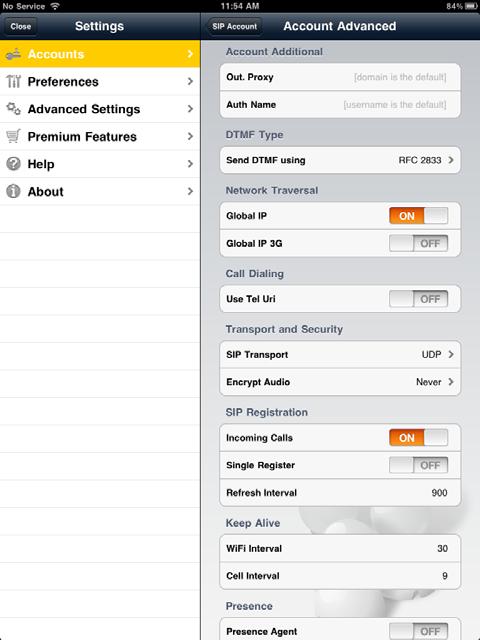Bria ipad Edition User Guide Account Advanced (SIP) To change these fields on an existing account, you must first unregister the account or turn Enabled off for the account. Field Out.