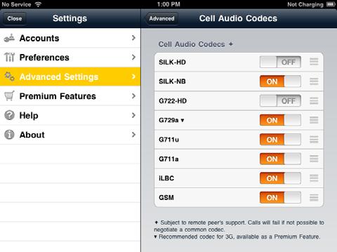 CounterPath Corporation Audio Codecs Selection Cell Audio Codecs Wi-Fi Audio Codecs These two screens list the audio codecs that can be used during a Wi-Fi call or cellular data call.