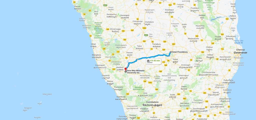 See the map below for the route between Presidency Hotel to Sera Monastery Faculty Teaching at Gaden or Drepung Monasteries: International Airfare: Purchase a round-trip airfare to Mumbai.