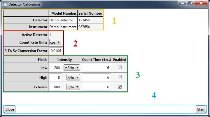 3. Review the Calculated Coefficient Settings. 4. Click Send. Detector Calibration Setup Screen Description Section 1: Model: the Model information as reported by the Instrument.