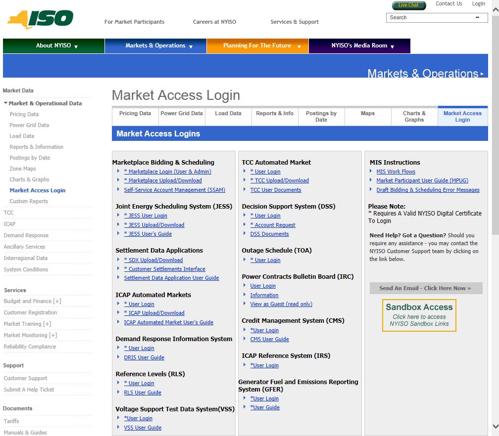 Figure 2-3 Market Access Login Web Page Highlighting User Login Link for the Outage Scheduler (itoa) System 4.