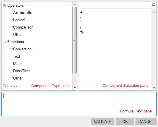 Managing Analytical Reports 149 Formula Editor Dialog Box Figure: Formula Editor dialog box The Formula Editor dialog box, which is shown in the screenshot above, includes the following panes: