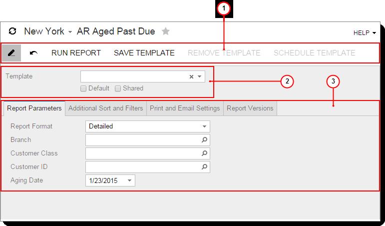 Appendix 283 Figure: Parameters View of Report Form 1. Report Form Toolbar 2. Parameters Toolbar 3. Template Area 4.