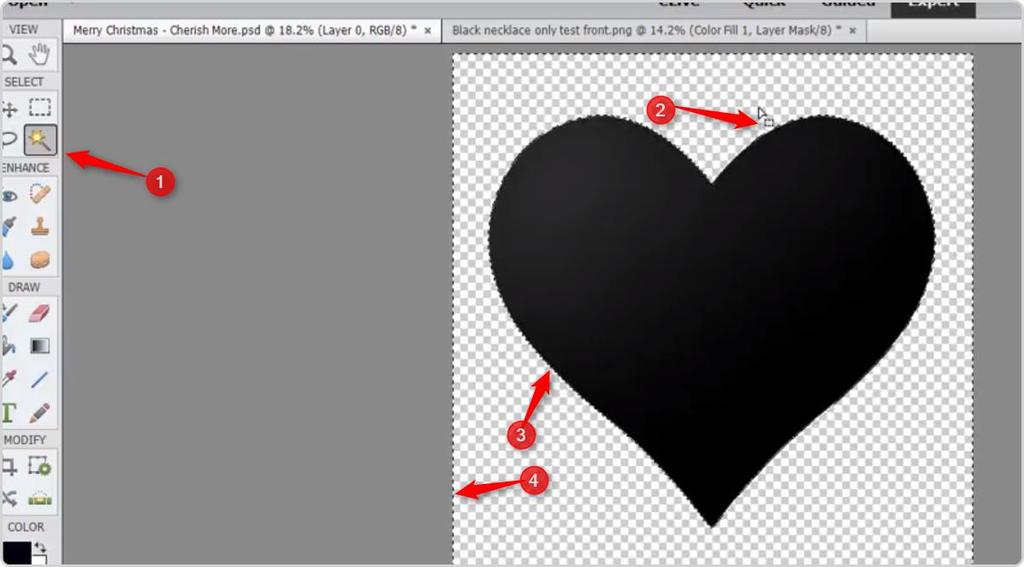 STEP 2 - WRITING TEXT AROUND THE AREA #1 Start with the Magic Selection Tool #2 I just moved the mouse around the heart. Close to it, but not trying to carefully and exactly outline the heart.