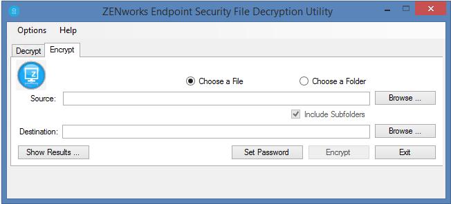 13 13Encrypting Files This functionality is available in both the User version (ZESDecrypte.exe) and the Administrator version (ZESDecryptAdmin.exe) of the File Decryption utility.