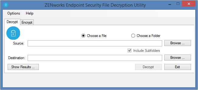 14 14Decrypting Files This functionality is available in both the User version (ZESDecrypte.exe) and the Administrator version (ZESDecryptAdmin.exe) of the File Decryption utility.