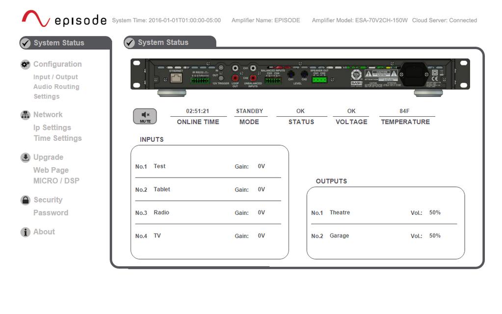 OVERVIEW page 3 This protocol provides the information required to configure an ESA-70V-2CH-150W, 300W, 500W amplifier via the Web GUI on the device. CONFIGURATION To access the WebGUI: 1.