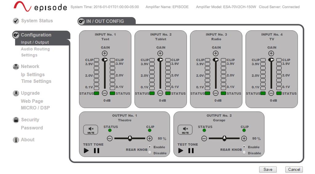 page 4 Configuration Input/Output 1. View and change current port configurations. 2. Click on the name of the Input or Output name to change it. 3. Use the sliders in each field to change levels. 4. The Output port levels can be changed via the Rear Knob.