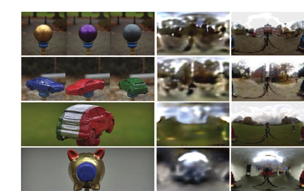 Figure 8. Results for our approach on real objects: spheres, singlematerial cars, multi-material cars, multi-material non-cars. a) input LDR images. b) our predicted HDR environment.