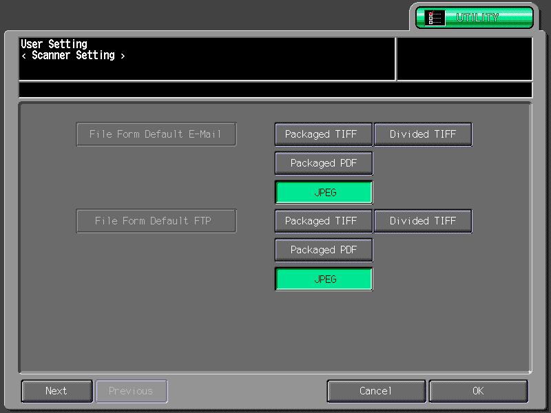 Utility Menu 5 4 Set the initial value. Pressing [Next] displays [File Form default SMB], [Default Address] and [Compress Method Color/Gray].