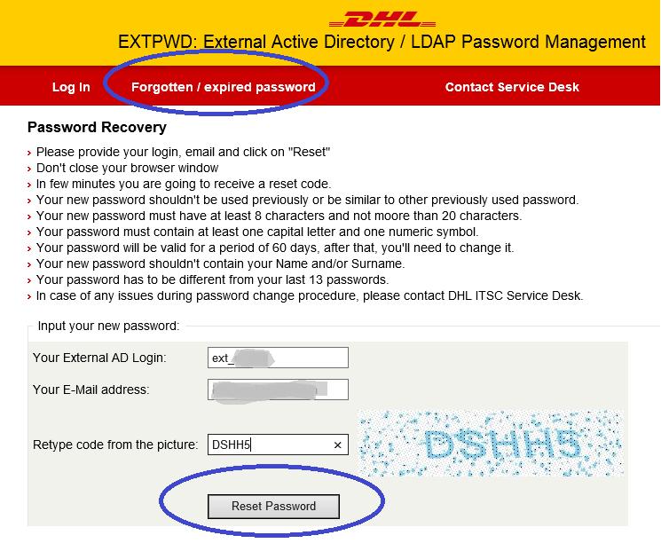 4.2 Reset / Change Password 1. Click on Forgotten / expired password 2. Enter Your External AD Login.