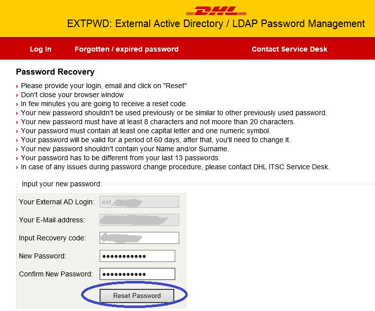 6. Enter Your External AD Login. Example: EXT_XXXX 7. Enter Your Email address 8. Enter Input Recovery Code.
