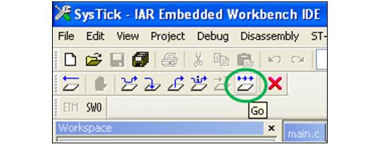 Alternatively, click the Go button in the toolbar to run application. Figure 7. IAR Go button 2.